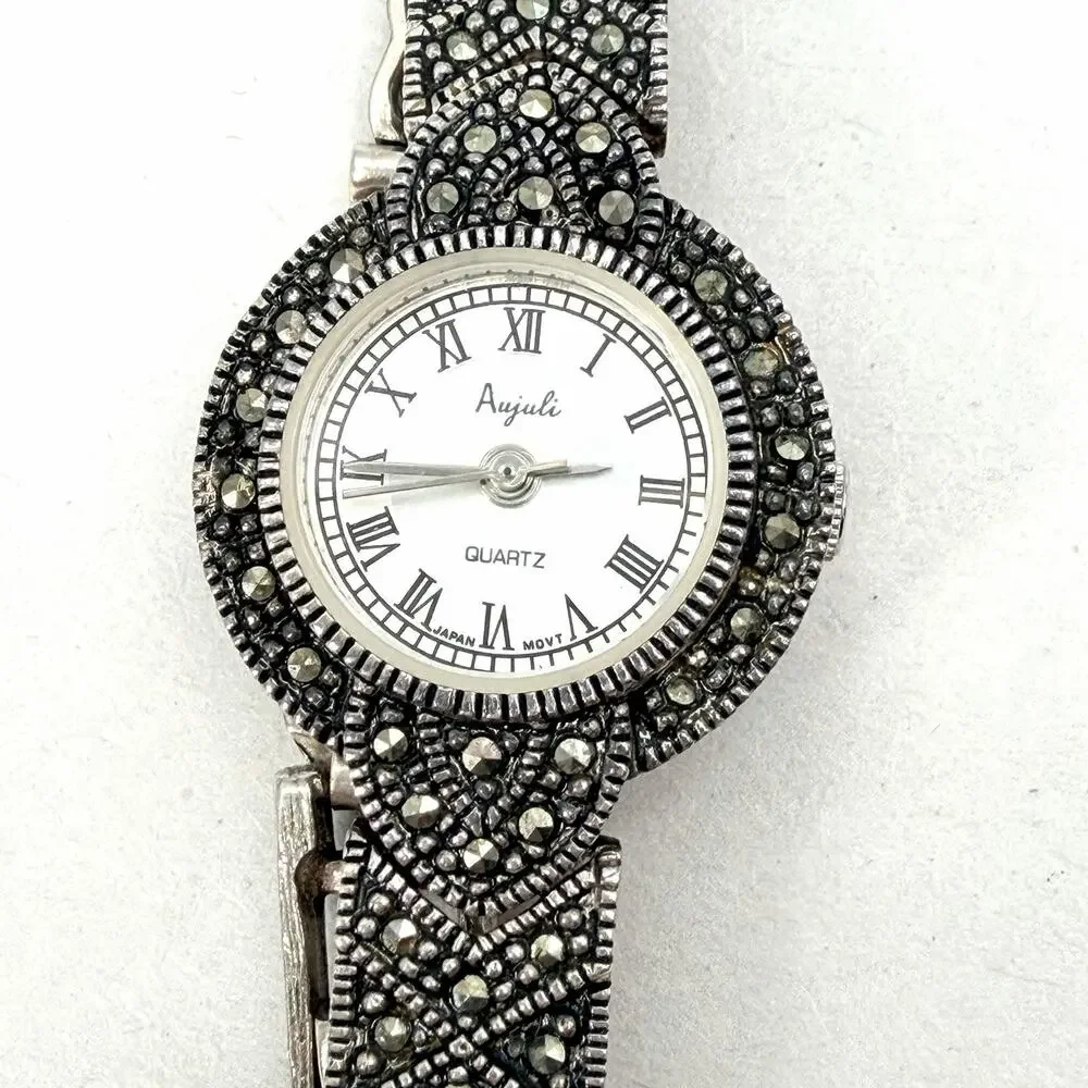 Vintage Anjuli Sterling Silver & Marcasite Womens Cocktail Watch